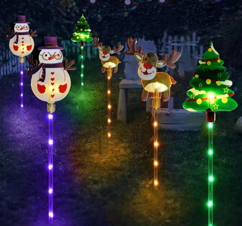 6 Pack LED Outdoor Solar Ground Inserted Christmas Decorative Lights, Waterproof Solar Courtyard Tree Snowman Reindeer, With 8 Color Modes
