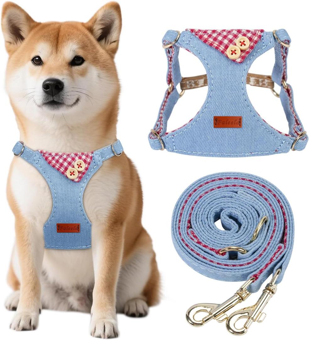 Faleela No-Pull Puppy Harness & Leash Set - 7 Color Options, Soft, Adjustable, Choke-Free, Escape-Proof, Lightweight Cute Pet Vest for Small & Medium Dogs (Blue+Red, M)