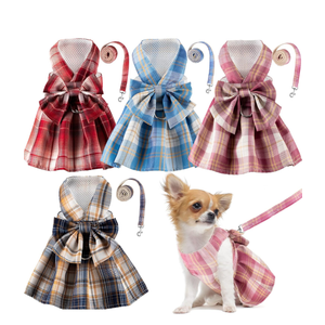 4 Pcs Cute Plaid Dog Dress Set with Bow Tie Harness & Leash for Small Dogs