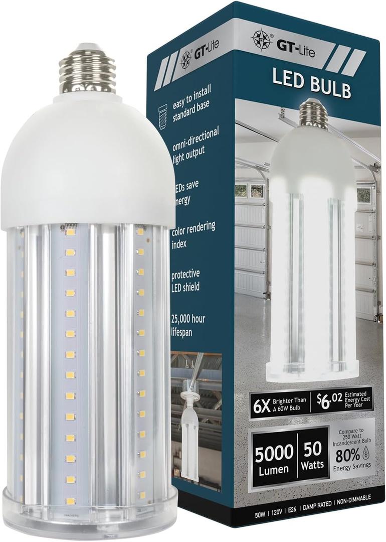 GT-Lite 5,000 Lumen LED Corn Cob Bulb, Uses Only 50W, Daylight 5000K, E26 Base, LED Light for Indoors Garage Workshop Warehouse