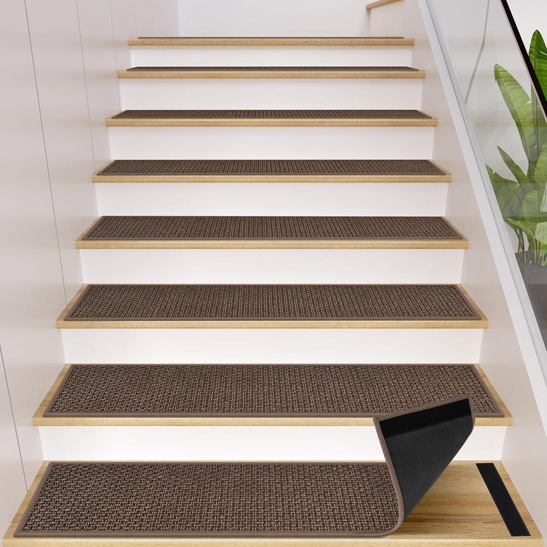 GOYLSER Peel and Stick Stair Treads with Rubber Backed Pack of 15, Jute Stair Rug Staircase Step Treads, Reusable Stair Pads Step Mats for Bare Feet, 30"x8", Light Brown