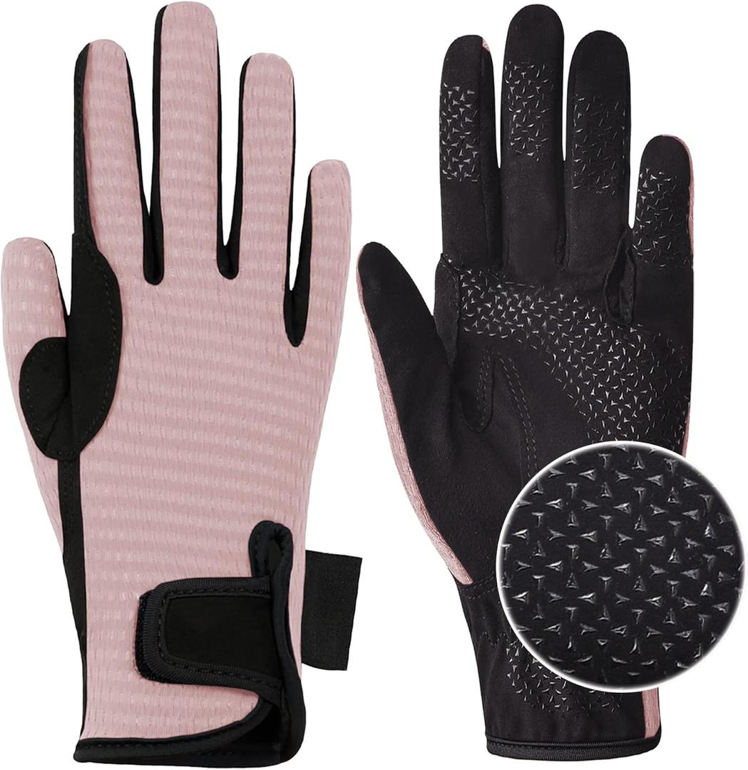 ChinFun Women's Horse Riding Gloves Stretchable Equestrian Gloves Breathable Horseback Lady Youth Girls Outdoor Cycling (X-Large, Light Pink)