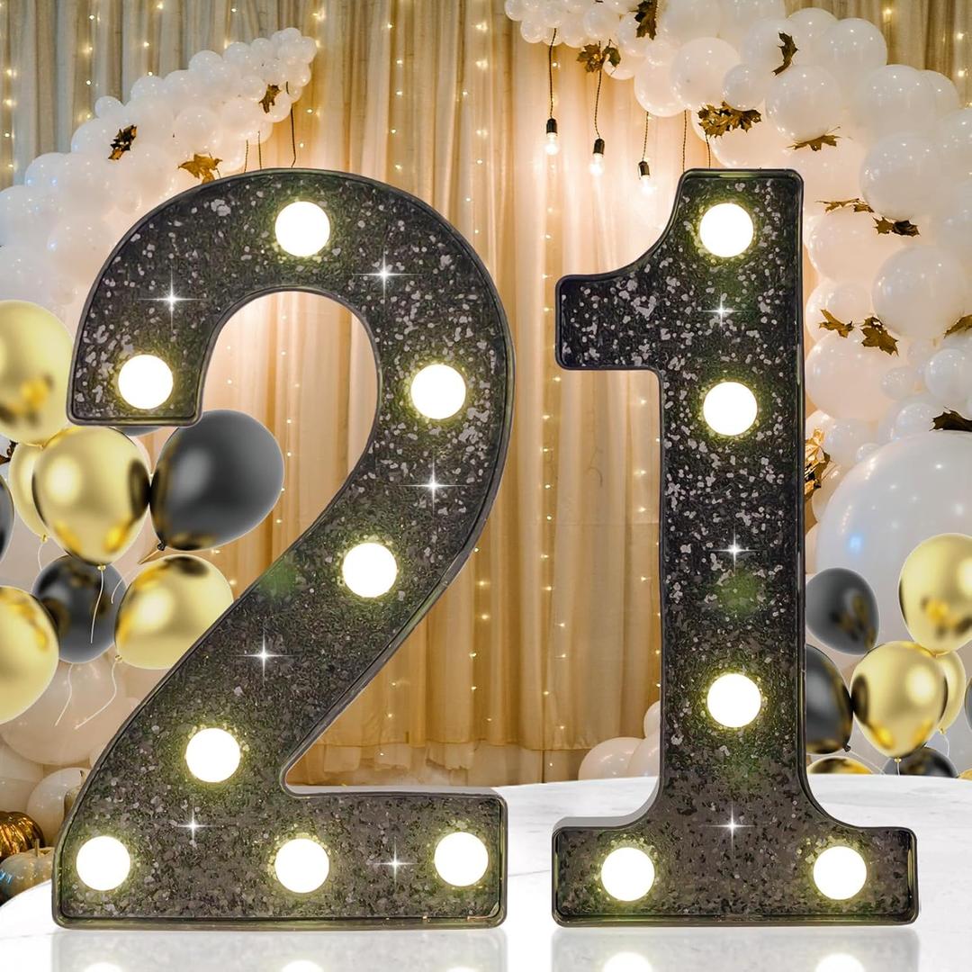 21th Birthday Decorations for Her Him, Decorative LED Light up Numbers for 21th Birthday Party, Glitter Black Marquee Number for for 21 Wedding Anniversary