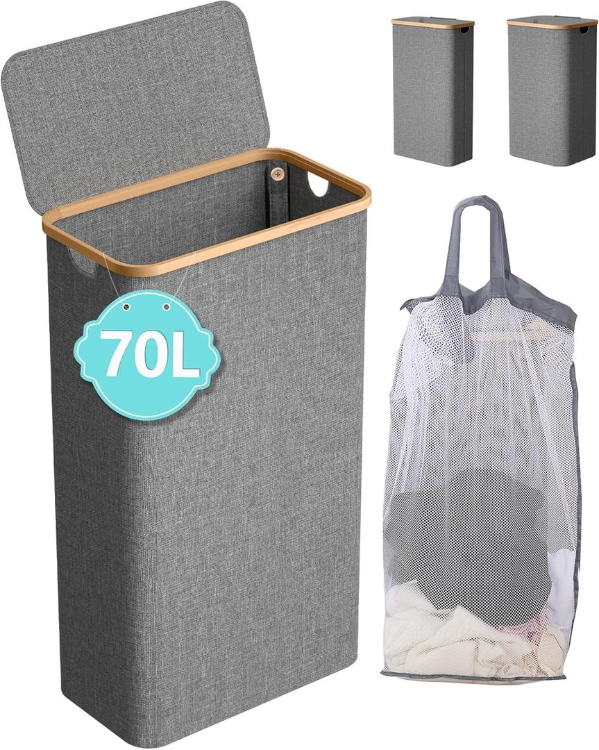 Slim Laundry Hamper with Lid, 70L Foldable Laundry Basket, Dirty Clothes Hamper with Removable Bag and Handles, Sturdy Storage Basket for Bathroom, Dorm, Grey