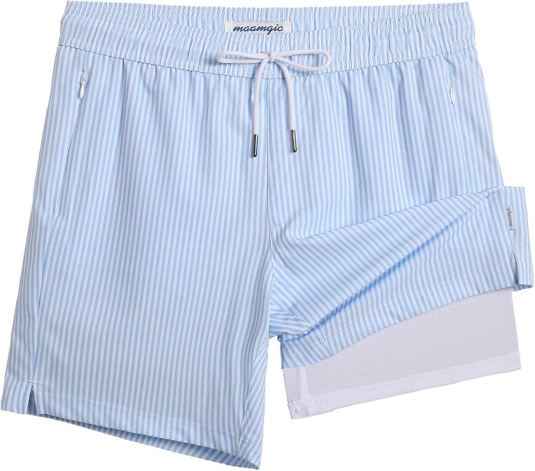 maamgic 2 in 1 Mens Swim Trunks 7 Inch Swim Shorts Swim Suits Board Shorts (Small, Blue Stripe-white)
