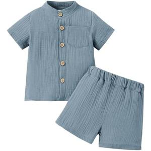 NARPLO Toddler Boy Clothes Summer Baby Boy Clothes Outfits Short Sleeve Button-Down T-Shirt Tops + Shorts Set with Pockets.120