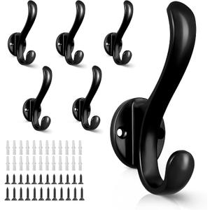 6 Pack Coat Hooks Wall Mount Heavy Duty Utility Retro Double Hooks for Hanging Coats,Hat, Towel, Key, Robe, Scarf, Bag, Cap (Black)