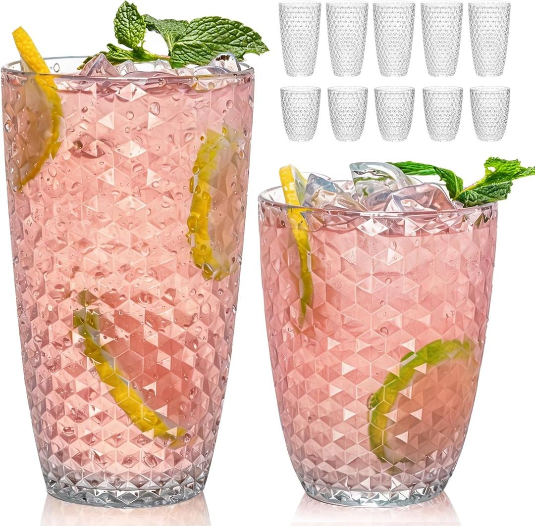 BELLAFORTE Shatterproof Plastic Tumbler Set Laguna Beach 19oz Tall & 12oz Short Drinking Glasses Unbreakable Stackable Drinkware for Indoor Outdoor, Dishwasher Safe, BPA Free (Clear, 12)