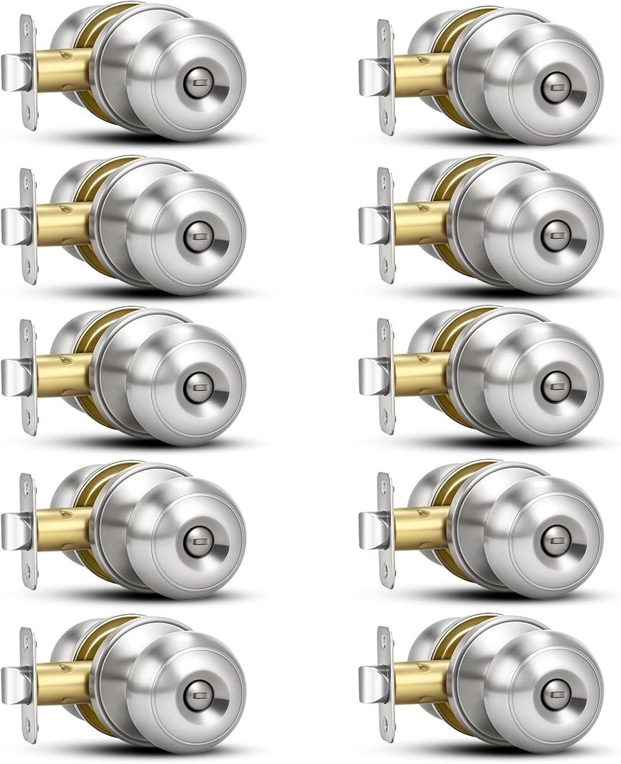 Plustool 10 Pack Brushed Nickel Door Knobs,Privacy Door Knob with Lock, Interior Doorknobs Silver, Keyless Door Locks Set for Bedrooms Bathrooms, Reversible for Left/Right Door Handle