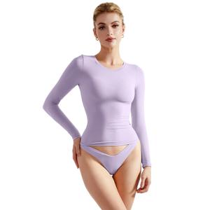 SUUKSESS Women Double Lined Fitted Basic Tee Shirts Crew Neck Long Sleeve Going Out Crop Tops (Lilac, XL)