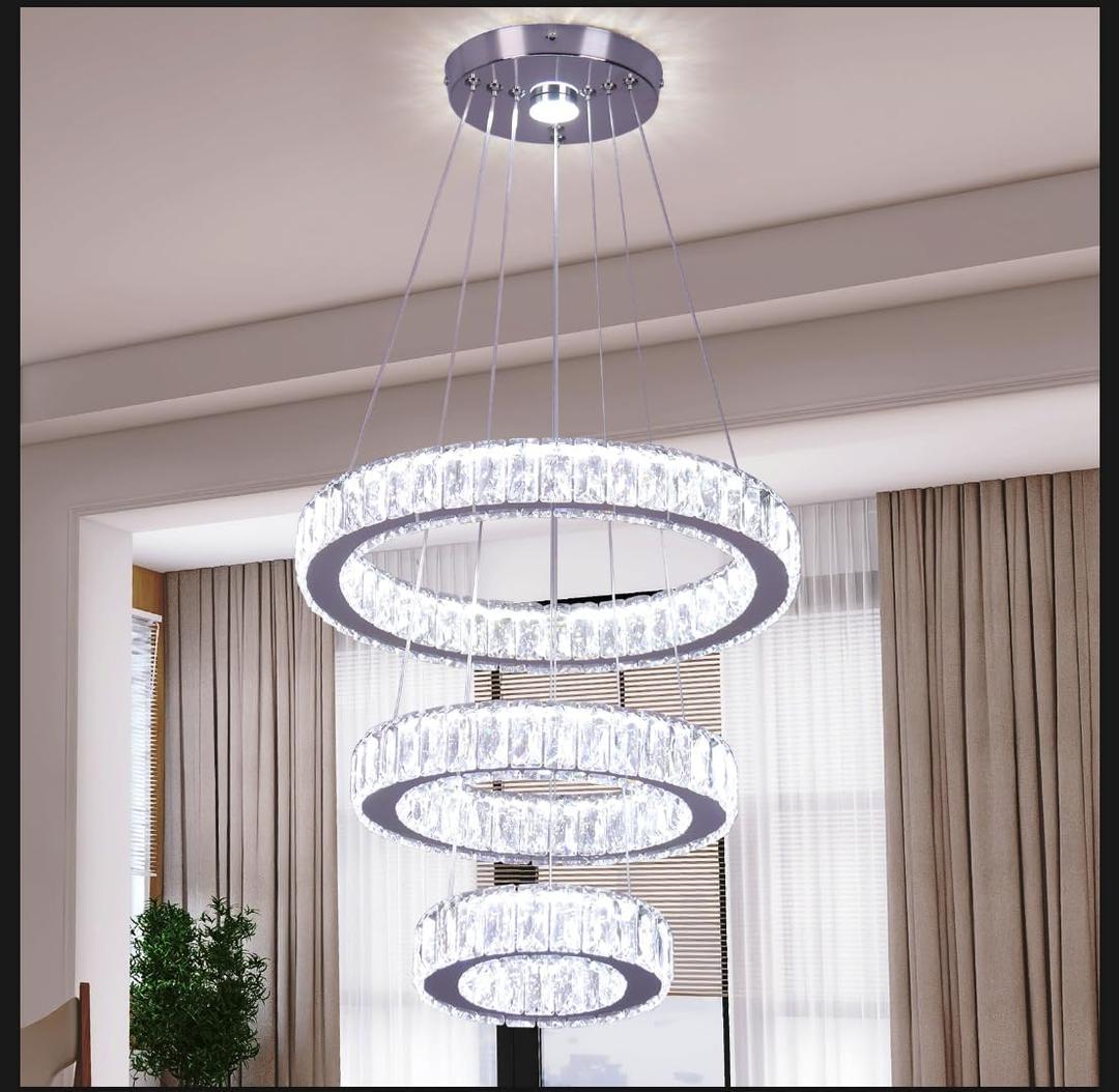 Finktonglan 3-Ring Crystal LED Chandelier, Cool White 6500K, 52W Integrated, Adjustable Height & Shapes, K9 Crystal & Stainless Steel Pendant Light for Dining Living Room Foyer, Non-Dimmable