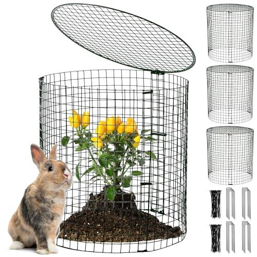 Hiboom 4 Set Garden Plant Protectors from Animals with Stakes, Metal Mesh and Detachable Covers Wire Plant Cage for Keeping Bunny Animals Out, Chicken Wire Cover Garden Protection (15.7x13)