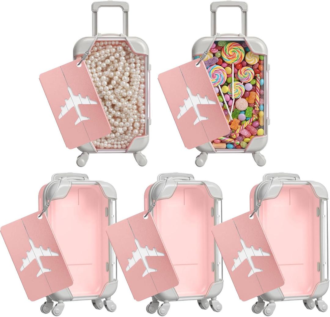 Teecyhooo 5 Pcs Mini Suitcase Party Favor Boxes and 5 Pcs Metal Luggage Tags with Card, Clear Mini Luggage Gift Boxes for Girls Wedding Travel Birthdays Bachelorette (6.5 x 2.8 x 1.4 Inch,Pink)