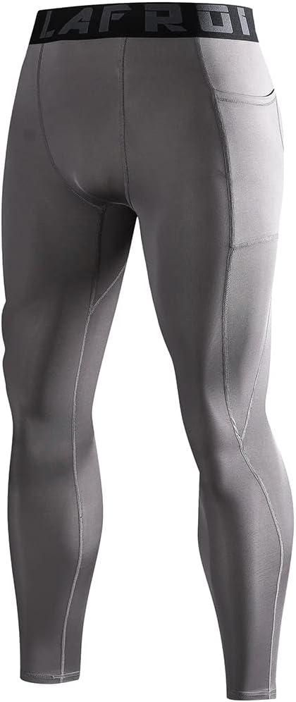 LAFROI Men's Quick Dry Cool Compression Fit Tights Leggings Waistband-YSK08 (Large, Pocket Grey)