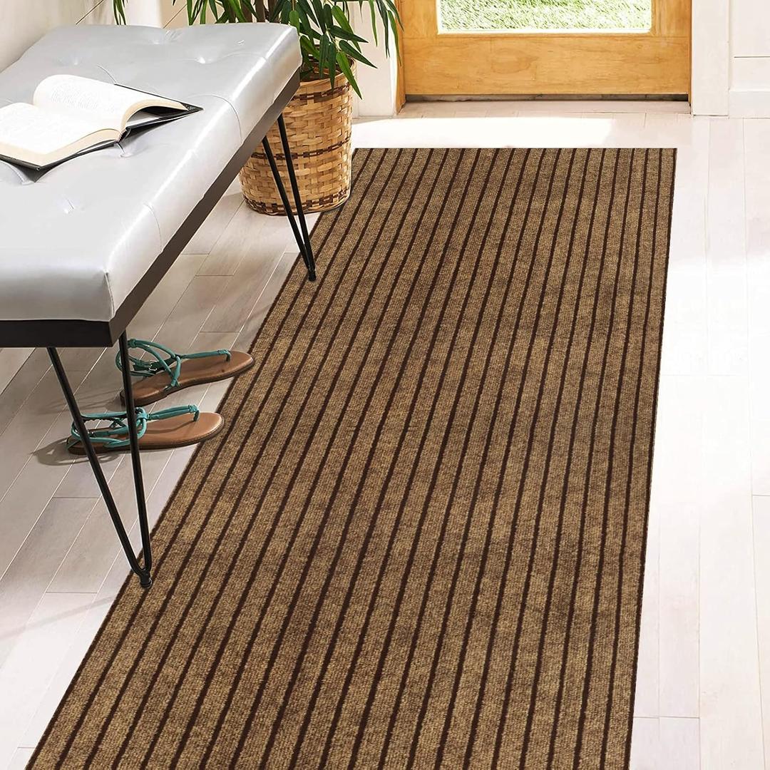 2' x 8' Runner Rugs with Rubber Backing, Indoor Outdoor Utility Carpet Runner Rugs, Stripe Brown, Can Be Used as Aisle for The RV and Boat, Laundry Room and Balcony