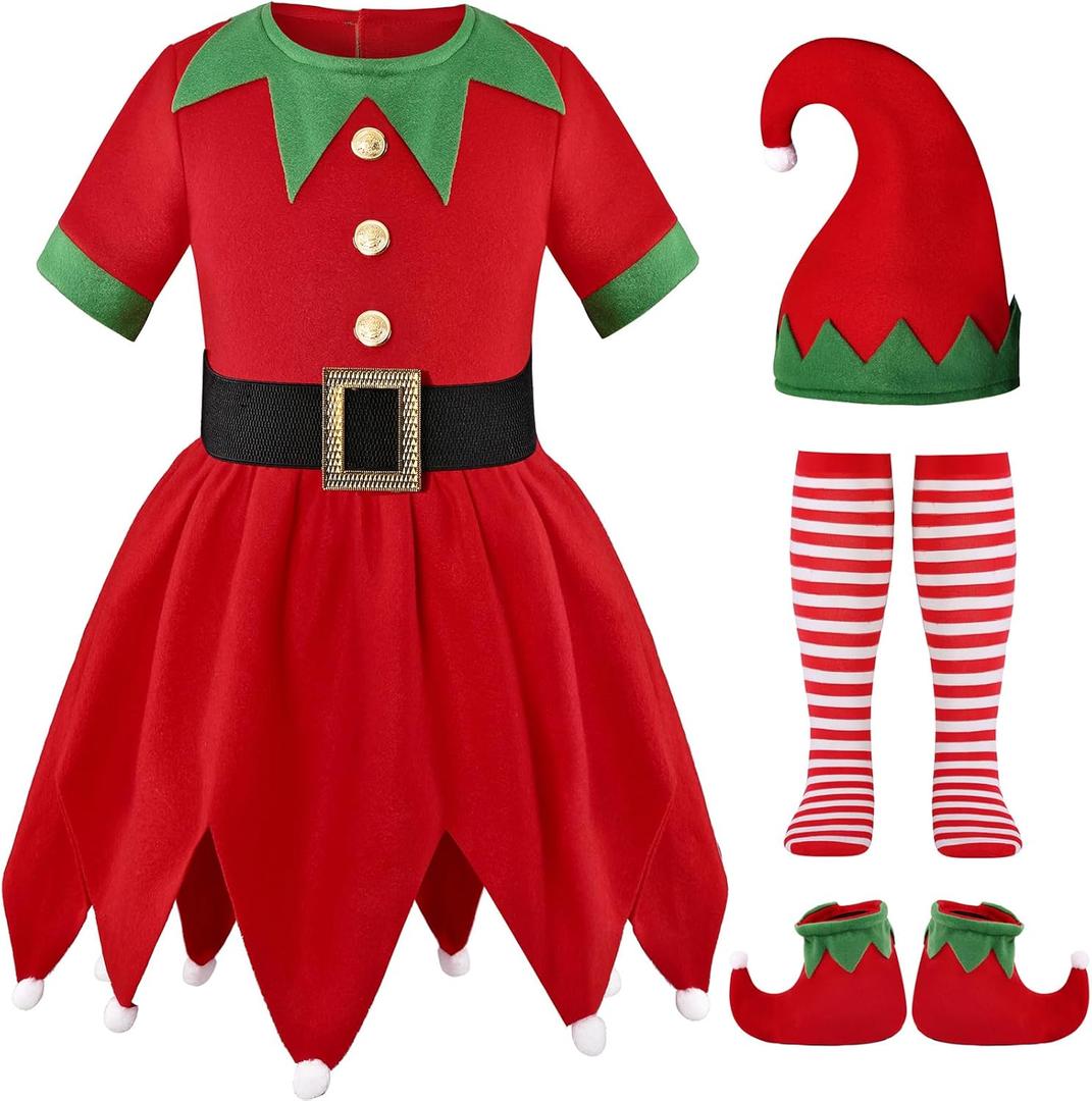 Elf Costume for Girls Kids Christmas Elf Santa's Dress Outfit (7-8 Years)