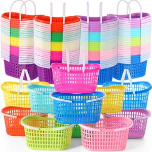 FillTouch 50 Pcs Easter Baskets Bulk Colorful Plastic Eggs Basket with Handles Empty Spring Festival Easter Buckets in 10 Color for Kids Party Favor Egg Supplies Decorations