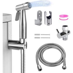 Handheld Bidet Sprayer Kit-Stainless Steel Douche Muslim Shower Spray with Hose Bidet Holder Valve for Toilet Cleaning, Pet Bath, Personal Hygiene (Includes T-Adapter)