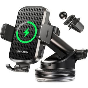 CHGeek Wireless Car Charger with Phone Holder Mount, 15W Fast Charging Auto Clamping Phone Holders for You Car Windshield Dashboard Air Vent Accessories for iPhone, Samsung Galaxy, Google, etc