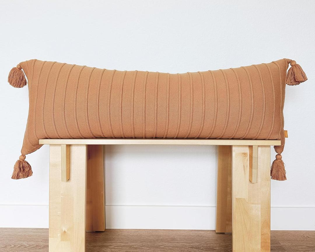 Baked Clay Ribbed Lumbar Pillow Cover 14x36 Cotton Knit with Tassels, Cozy Accent for Bed, Couch, or Entry Bench Baked Terracotta