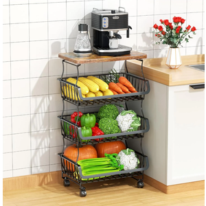 4-Tier Fruit Storage Basket, Fruit Vegetable Cart With Solid Wood, Kitchen Storage Rack With Rollers For Pantry