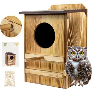 8'' x 13'' Owl House for Outdoor, Screech Owl House, Bird Box Large Handmade Wooden Circular Opening Screech Box for Outside with Mounting Screws and A Bag of Wood Shavings