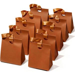 Vitalizart Paper Gift Bags With Ribbon Handles Set of 10 Brown Bulk Reusable For Gift Wrap Girls Kids Birthday Bridal Shower Party Favors Goodie Bags Candy Christmas 5.91"x3.54"x7.28" Small Size