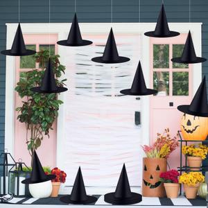 Halatool 24 Pcs Halloween Witch Hats, Black Hanging Witches Hat with 98 Feet Hanging Rope, Witch Costume Accessories Floating Hats for Halloween Party Indoor Outdoor Decoration (L)