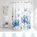 No Hook Blue Flower Hydrangea Shower Curtain with Snap in Fabric Liner Set, White Floral Butterfly Double Layers Waterproof Fabric with See Through Window Bath Curtain 71x74 Inch