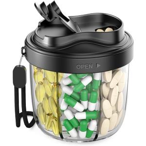 Pill Organizer,Pill Dispenser with 7 Large Compartments,Portable Pill Box for Travel Essentials,Anti-Mix Design & Wide Opening Design,Easy Access to Vitamin Dispenser,Includes 20 Blank StickersBlack