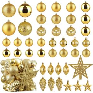 Christmas Ball Ornaments - 43pcs Shatterproof Christmas Tree Decorative Hanging Ornaments with Loop for Xmas Holiday Party Wreath Home Decoration, Gold (Combo of 10 Ball and Shaped Styles)