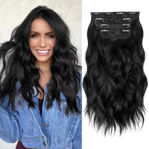 ALXNAN Clip in Long Wavy Synthetic Hair Extension 16 Inch Black 4PCS Thick Hairpieces Fiber Double Weft Hair for Women (16 Inch, Black)