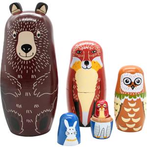 Conzy Russian Nesting Dolls for Kids, Stacking Wooden Handmade Matryoshka Dolls, 5 Piece Cute Cartoon Animal Pattern, Great Toy Gift for Girls Boys' Birthday or Home Decoration (Brown)