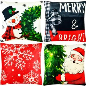 Haundry 4pcs Christmas Pillow Covers 18x18 Inch Red Pillow Covers Xmas Decorations Buffalo Tree Joy Merry Christmas Pillows Winter Holiday Farmhouse Seasonal Throw Case Decor for Sofa Couch