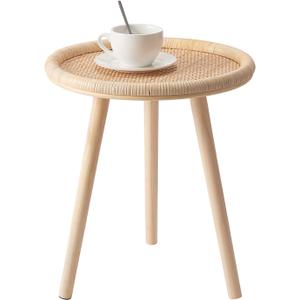 Small Side Table, Rattan Round Coffee Table, Boho Circle Side Tables End Table for Living Room, Mid Century Accent Table for Bedroom Balcony (Wooden)