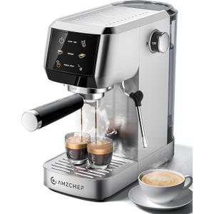AMZCHEF Espresso Machine 20 Bar  Professional Coffee Maker with Milk Frother, Adjustable Temperature & Pressure, Compact Stainless Steel Espresso Maker for Cappuccino, Latte, Mocha, 44oz Water Tank (Silver Gray)
