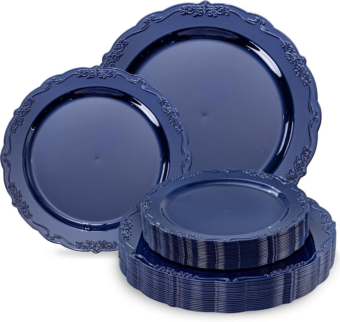 Tinybee 60PCS Blue Plastic Plates - Heavy Duty Blue Disposable Plates, Elegant Plastic Plates for Birthday, Wedding and Party Including 30 Dinner Plates 10 '' & 30 Dessert Plates 7.5 ''