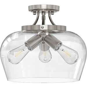 VONLUCE Semi Flush Mount Ceiling Light, 13.8" Ceiling Light Fixture with Clear Glass Shade, E26 Base, 3-Bulb Industrial Lighting Fixture for Hallway Entryway Bedroom, Brushed Nickel, ETL Certificated