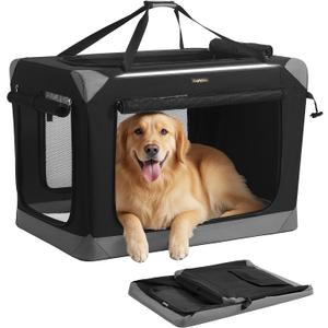 Feandrea Collapsible Dog Crate, Portable Oxford Fabric Pet Travel Crate with 4 Mesh Doors, Handles, Pocket, 36 Inches, for Large Dogs, Ink Black and Dove Gray UPDC029BH01