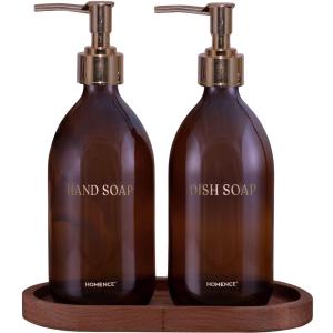 HOMENCE Hands & Dishes Soap Dispenser Set with Bamboo Tray  Refillable Bottles for Hand Soap & Dish Soap  Kitchen & Bathroom Sink Organizer  Long-Lasting Elegant Home Decor with Drawstring Gift Bag