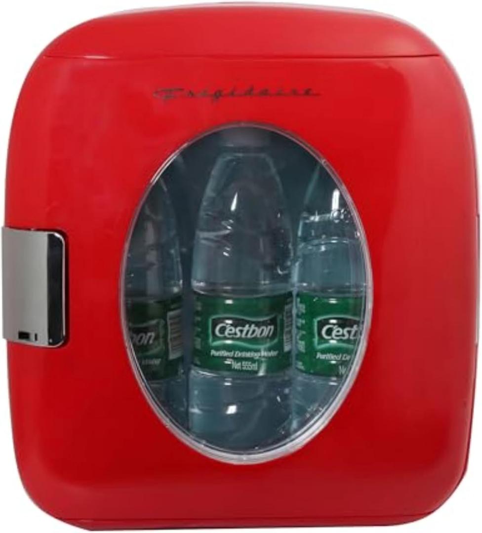 Frigidaire Retro Mini Personal Fridge Cooler, Holds 9L or 12 Cans, Portable for Car, Office, Bedroom, Dorm Room, or Cabin, Features Plugs for Home Outlet & 12V Car Charger - 10"D x 7"W x 10.5"H, Red, standard