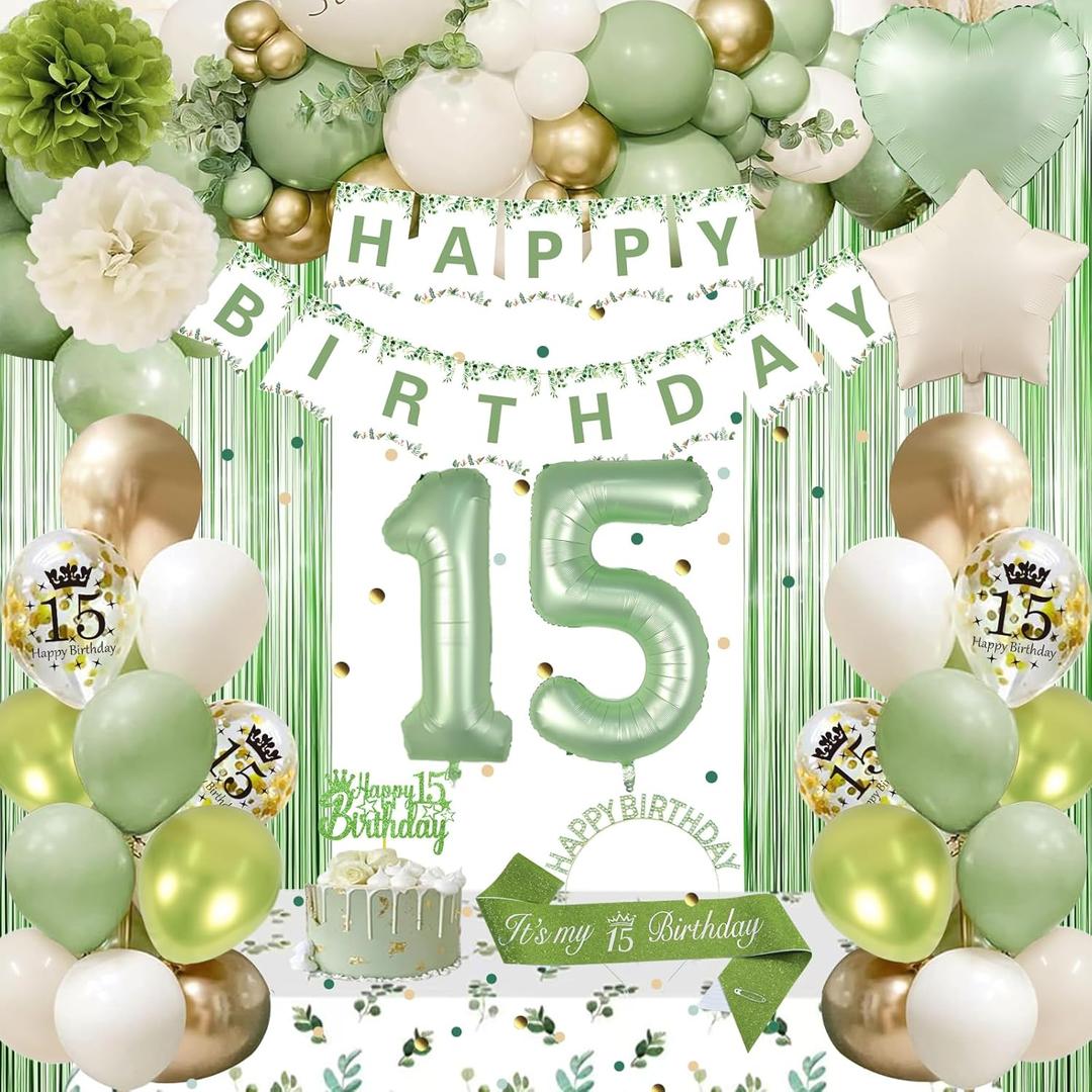 15th Birthday Decorations for Girls, Sage Green 15th Bday Decorations Happy Birthday Banner Green Gold Balloons Crown Sash Fringe Curtain Tablecloth Cake Topper for Girls Decor