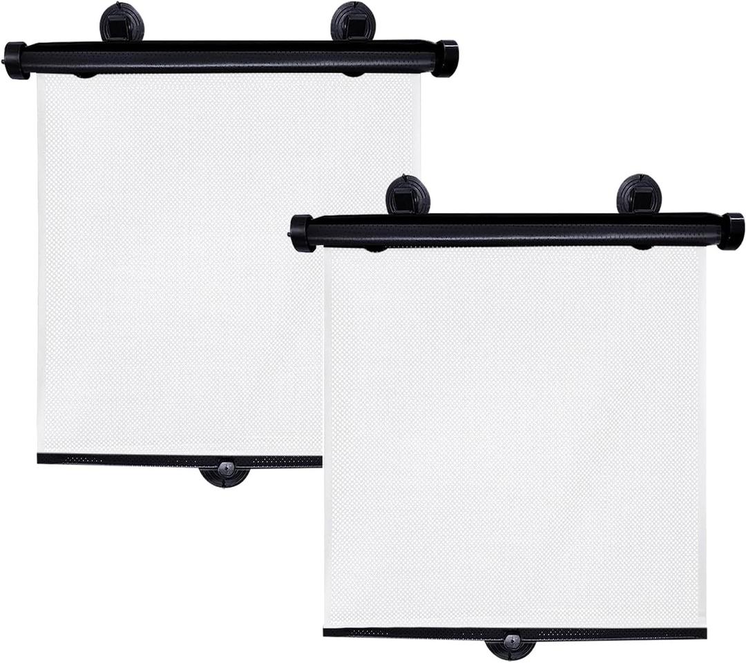 2 PCS Car Side Window Sun Shade, 15.6"17.8" Retractable Auto Window Shade Blocks Heat and UV Rays Glare Protection, Roller Sunshade Visor with Suction Cups, Car Accessories (White)