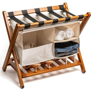 Fully Assembled Walnut Bamboo Folding Luggage Rack for Guest Room, 26.75" Folding Suitcase Stand with Removable Laundry Bag & Storage Shelf, Heavy Duty Foldable Luggage Stand for Bedrooms, Hotels, Airbnbs Holds 215lb