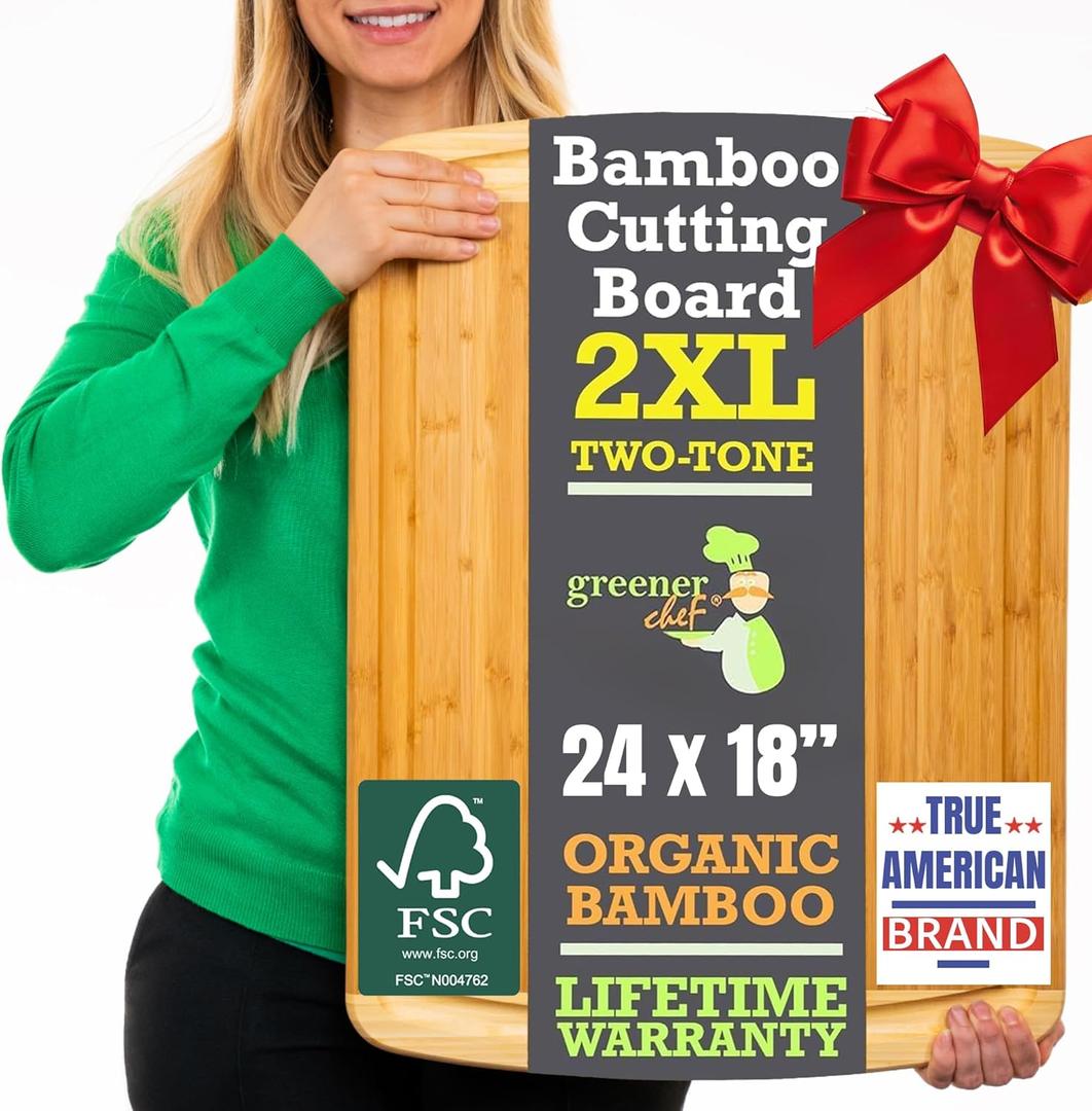 GREENER CHEF 24 Inch Bamboo Cutting Board with Lifetime Replacement - 2XL Extra Large Wooden Butcher Block for Kitchen, Stove Top, Meat, Vegetables, and Charcuterie with Deep Juice Grooves (Two-Tone)