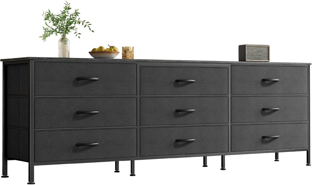 Huuger 63 Inch Dresser for Bedroom, Dresser for Closet with 9 Fabric Drawers, Large TV Stand for 55, 65, 70 Inch TV, Entertainment Center with Storage, Wide Long Chest of Drawers, Black, 13.8"D x 63"W x 26.8"H