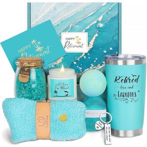 Retirement Gifts for Woman 2026, Happy Cool Retirement Gifts for Women Coworker, Teacher, Boss, Nurse, Friends, Mom, Retirees, Retired Free and Fabulous Funny Spa Gift Basket, 8 pcs (Teal)