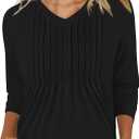 IEEILULU 3/4 Length Sleeve Womens Tops V Neck T Shirts Casual Pleated Tunic for Women Fashion Loose Blouses (Black, L)