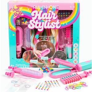 Just My Style All-in-One Hair Stylist, 4-in-1 Styling Tool with Gem Stamper, Beader, Chalk, and Brush - Fun Hair Accessories for Girls 8-12 (Multi)
