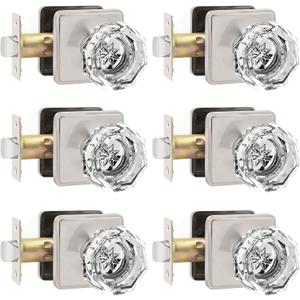 Orger Passage Glass Door Knob for Interior Hall and Closet, Clear Crystal Door Knobs in Satin Nickel Finish, Keyless Non-Locking Door Handles with Square Back Plate, 6 Pack